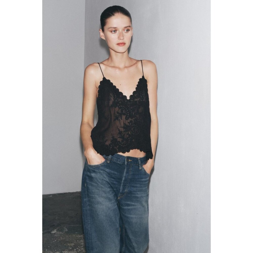 Zara Womens Camisole Top S Black Floral Embellished Beaded Sheer 6895/097 NWT